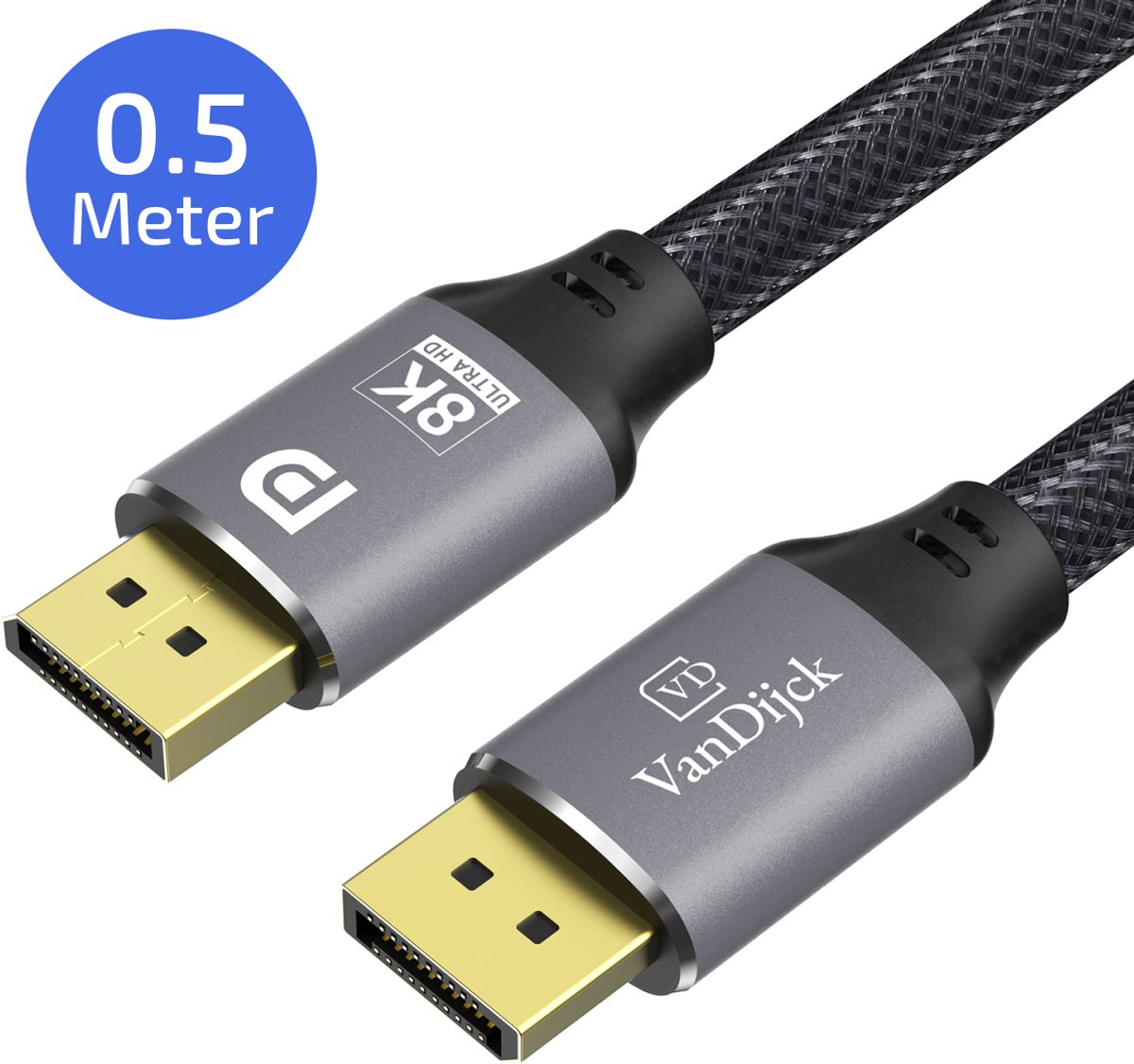 VanDijck Displayport Kabel - 0.5 Meter - 8K 60Hz - 4K 144 Hz - 32.4GBps - Displayport 1.4 - DP Kabel - Grijs