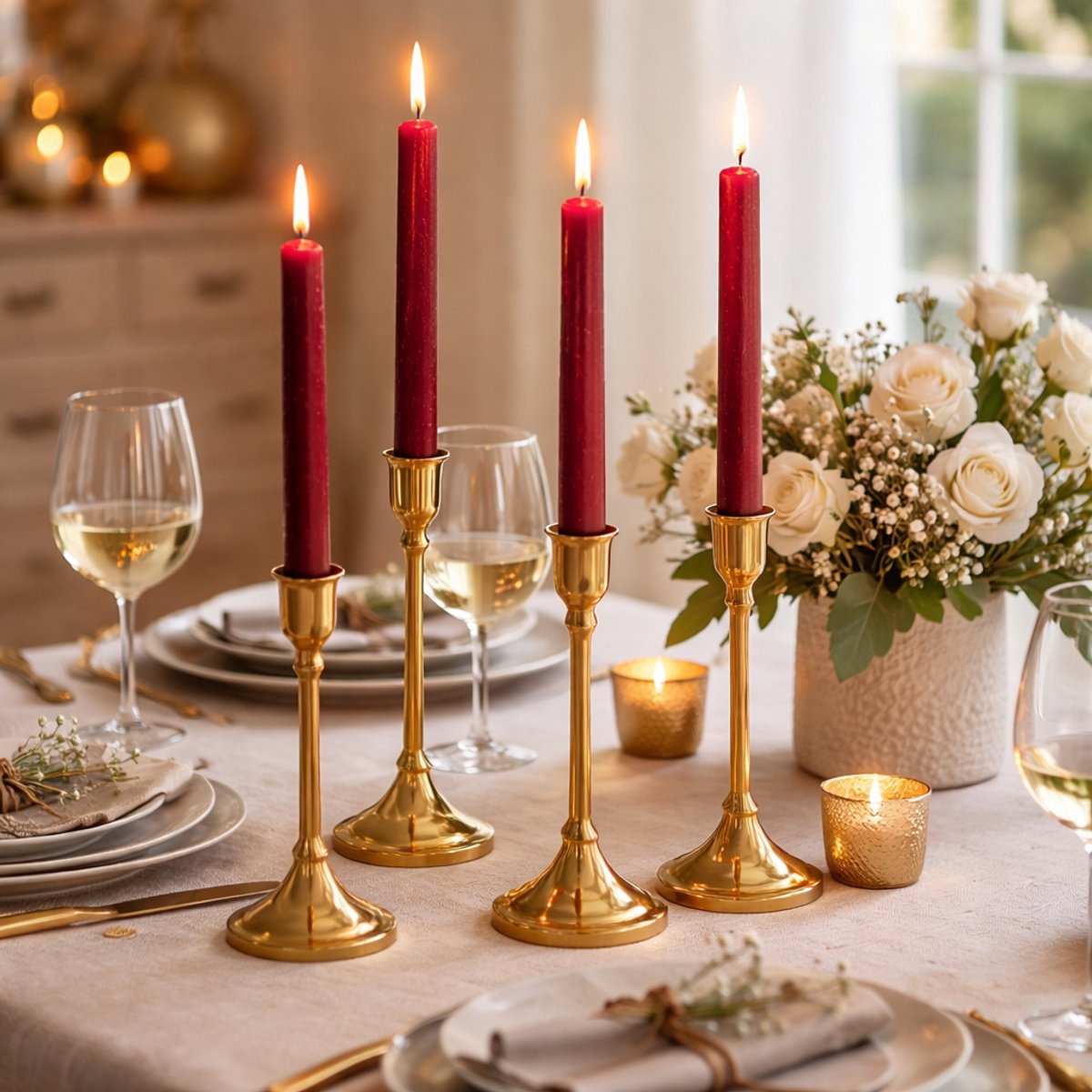 Arti Casa dinerkaarsen - set van 4 stuks - rustieke uitstraling - kleur donkerrood - brandduur ca. 7 uur - hoogte 25,5 cm - ideaal voor diners, tafeldecoratie en sfeervolle momenten