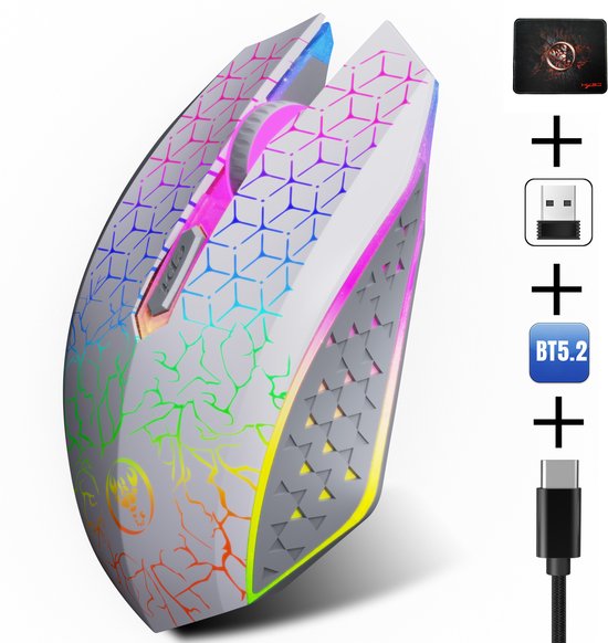 HXSJ T34 - Draadloze Gaming & Office Muis - Wit - Ultra licht - RGB Verlichting - Inclusief Gratis Muismat