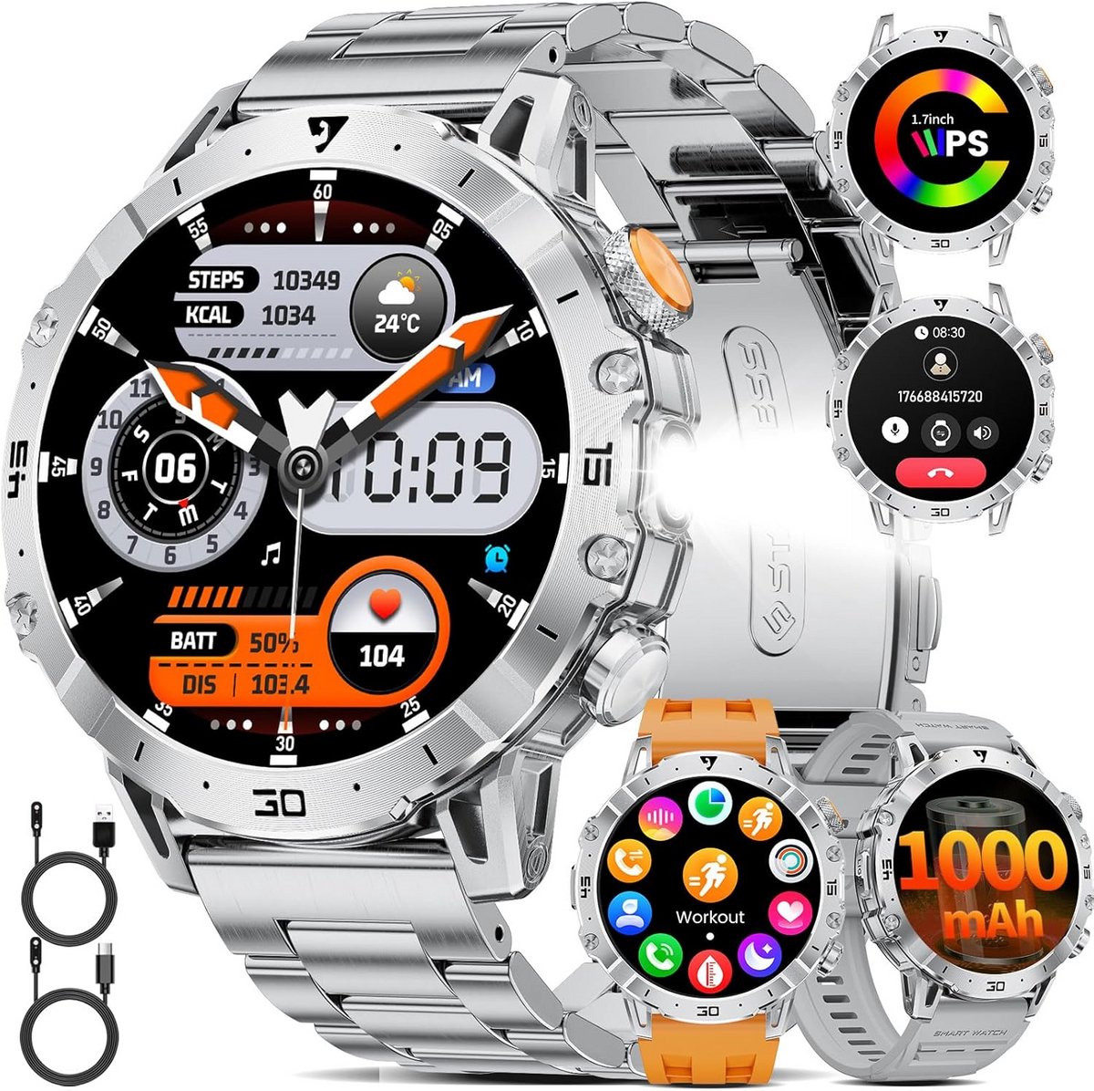 Herensmartwatch - Fitness horloge - Sport en outdoor - 1000 mAh grote accu - 17 inch display - Zilver