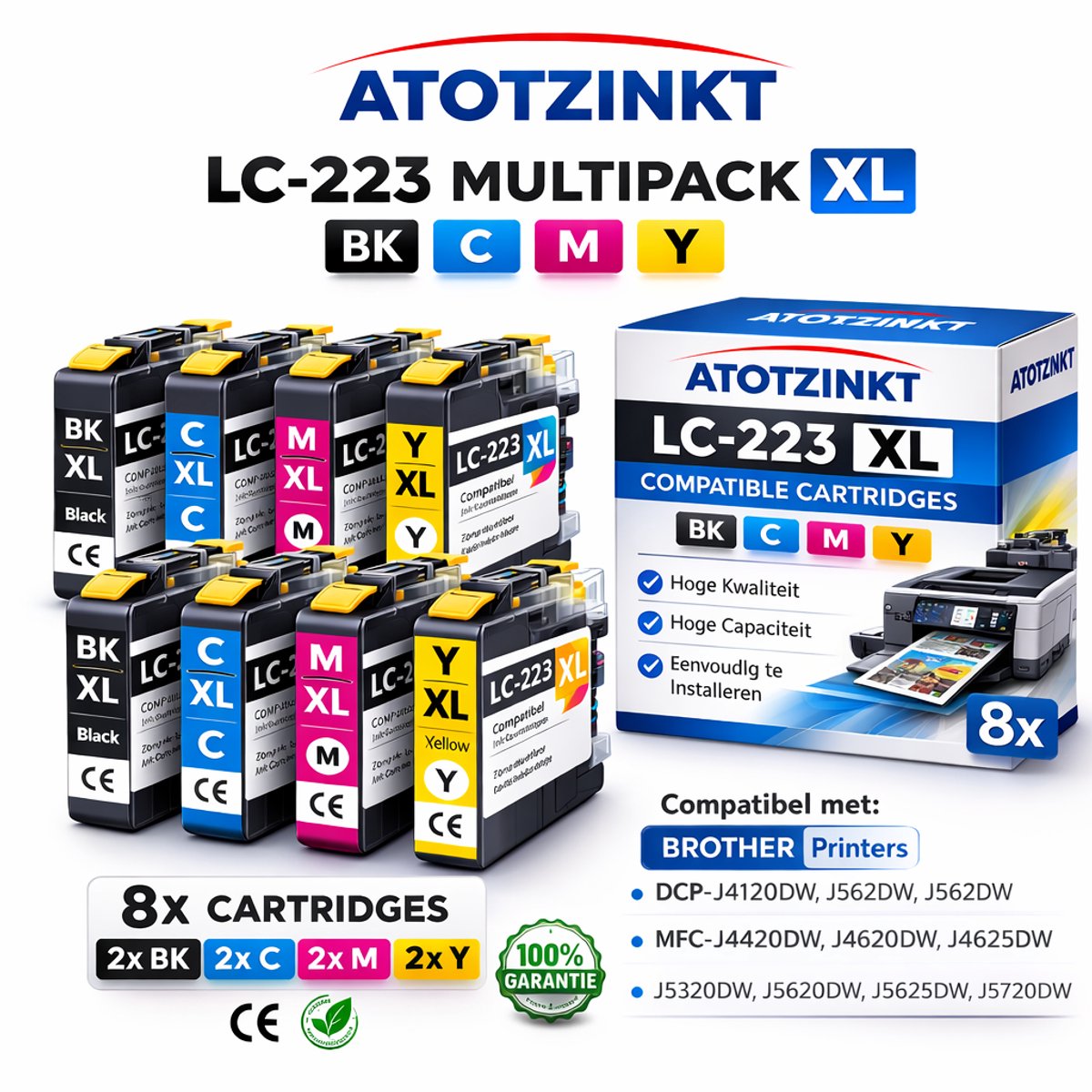 Atotzinkt voor LC 223 BK/C/M/Y XL 8 stuks multipack Cartridges compatibel voor Brother LC223 XL 2 x alle kleuren multipack DCP-J4120DW MFC-J4420DW