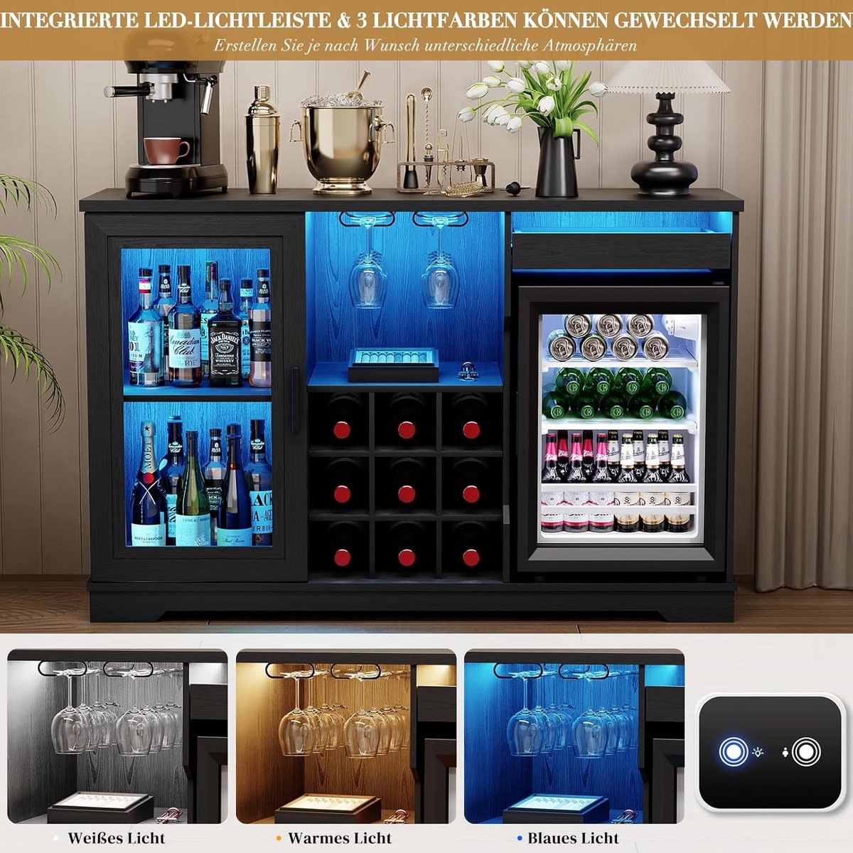 Barkast met koelkast 120x40x78 cm – Wijnkast met LED verlichting, wijnrekken, glazenhouders en bewegingssensor – Drankkast / Sideboard voor woonkamer en keuken – Zwart – Laura