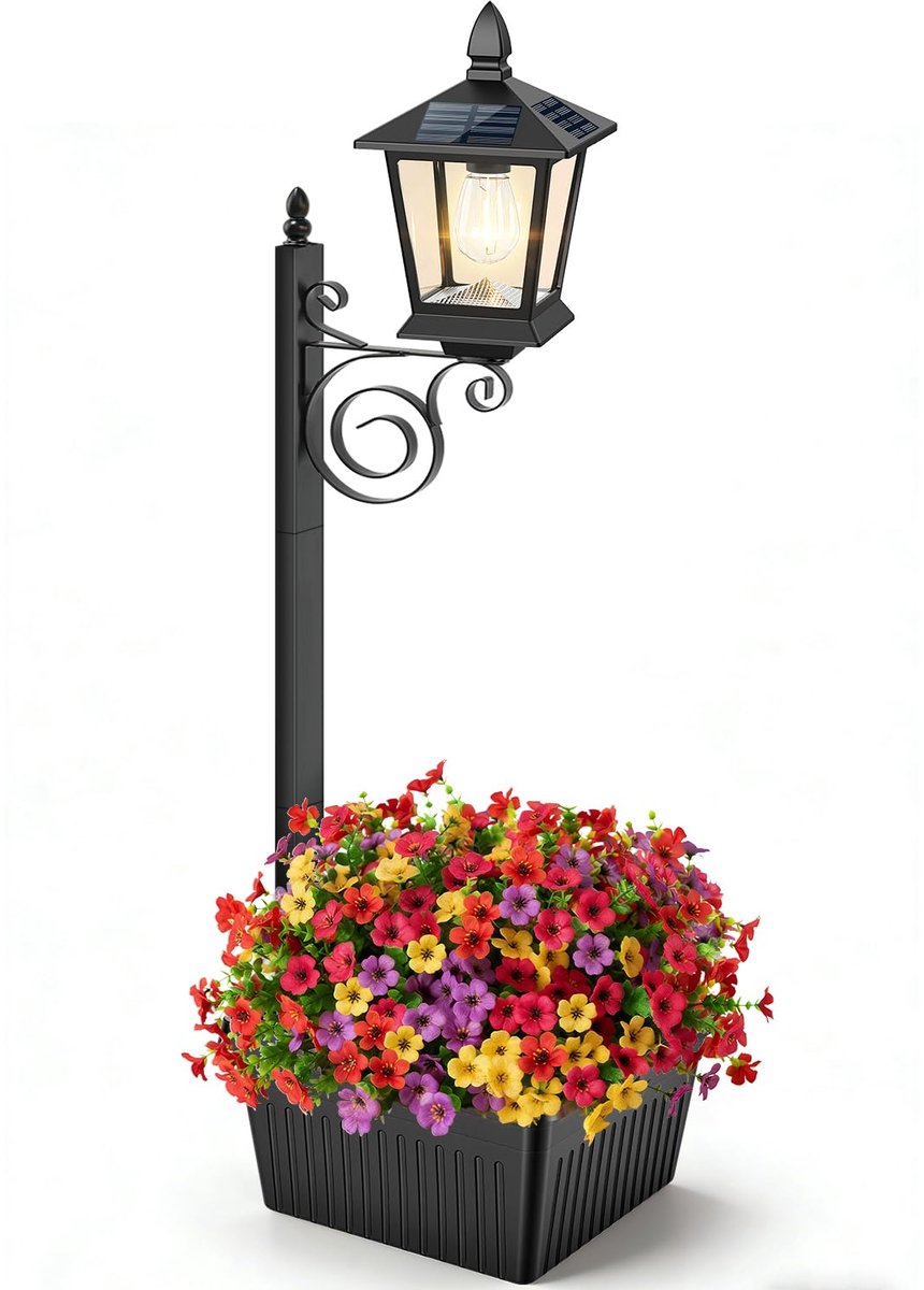 Solar paallamp met bloempot - 2-in-1 buiten plantenbak met lamp - Metalen paal & IP65 waterdicht - Vrijstaande plantenpot voor buiten - Decoratieve solarlamp voor voortuin, entree en tuin