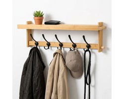 BUDDLEY Wandkapstok met Hoedenplank - Bamboe - Wand kapstok - Met Plank - 5 Haken - Houten Kapstok - Hangend - Hout - Kapstok - Muur - Houten - Met haken - Coat Rack - Wall - Met Haken - Landelijk