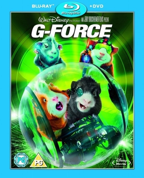 G-Force Blu-ray + DVD: Vier cavia's in een doorzichtige bol, met de titel G-Force en keuringsstickers.