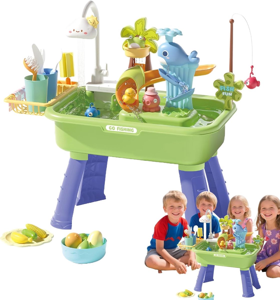 Groente Watertafel met pomp voor peuters 1–3 jaar, speelkeuken met werkende elektrische wasbak voor kinderen 4–8 jaar, inclusief speelgroenten, bestek en visspel