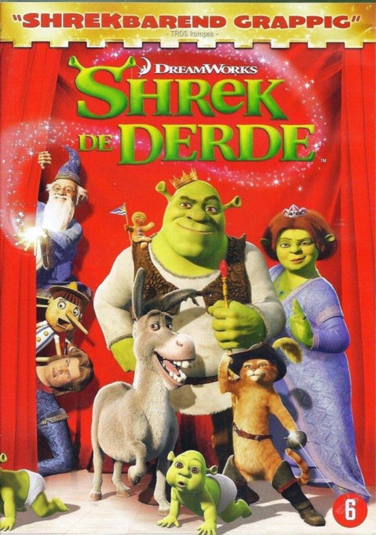 DVD-hoes van Shrek de Derde: Ezel, Katten, baby's, Shrek, Fiona, Prins Arthur en tovenaar met rode gordijnen.