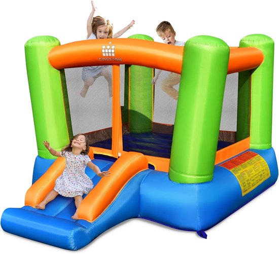 COSTWAY Springkasteel voor 2 tot 3 kinderen, klein springkasteel met groot springgebied en glijbaan, incl. draagtas, reparatieset, haringen, 250 x 197 x 143 cm