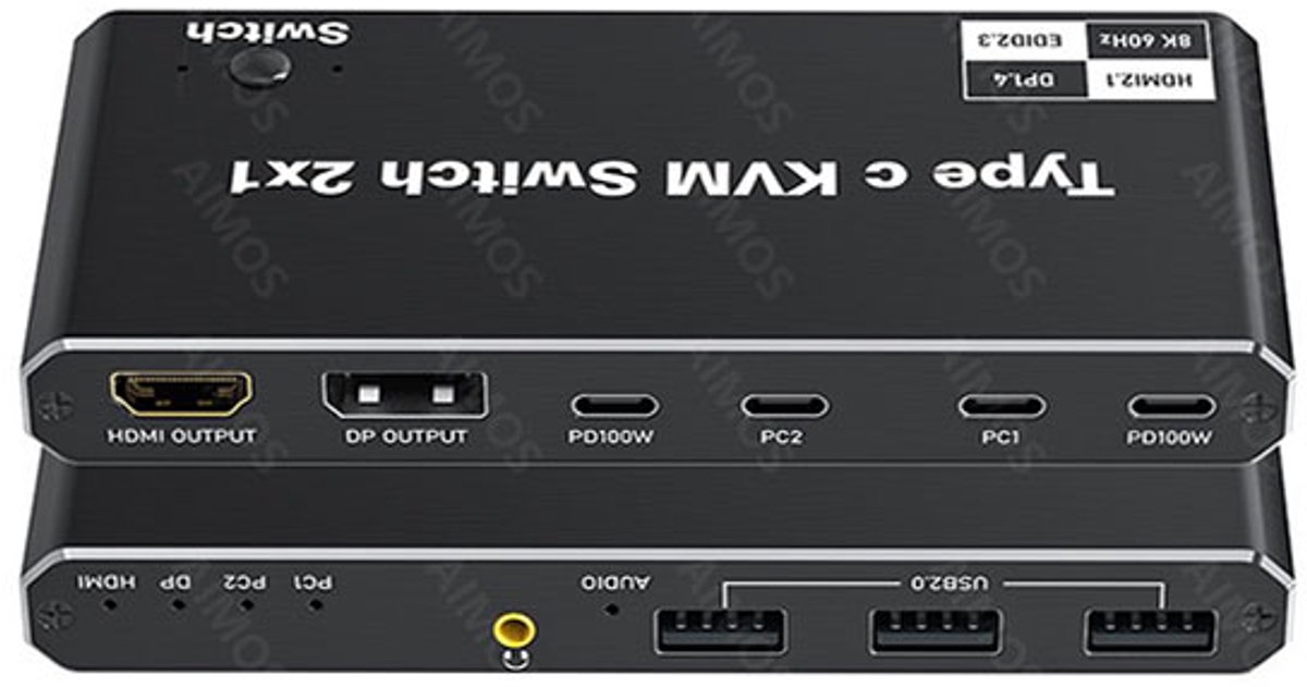 2 In 1 Uit USB-C KVM-switch 8K bij 60 Hz 4K bij 120 Hz 2-poorts USB-C-schakelaar