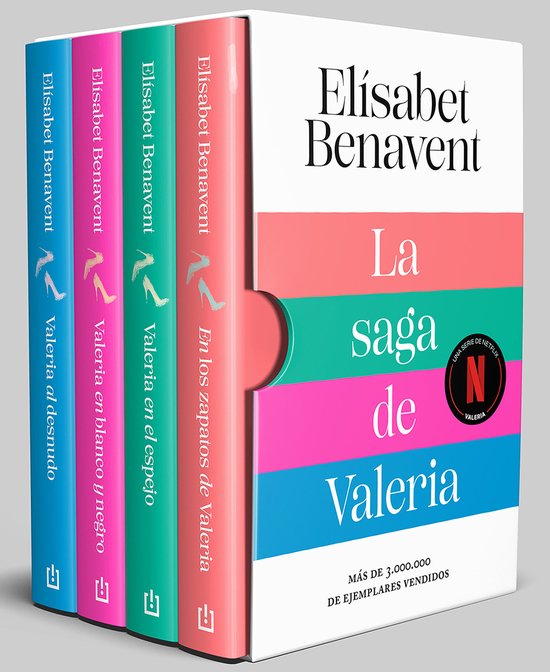 Boekenset met de saga van Valeria door Elisabet Benavent in pastelkleuren: blauw, roze, groen en magenta.