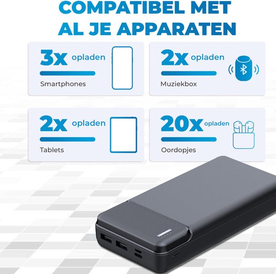 Laadt smartphones 3x, muziekboxen 2x, tablets 2x en oordopjes 20x op.