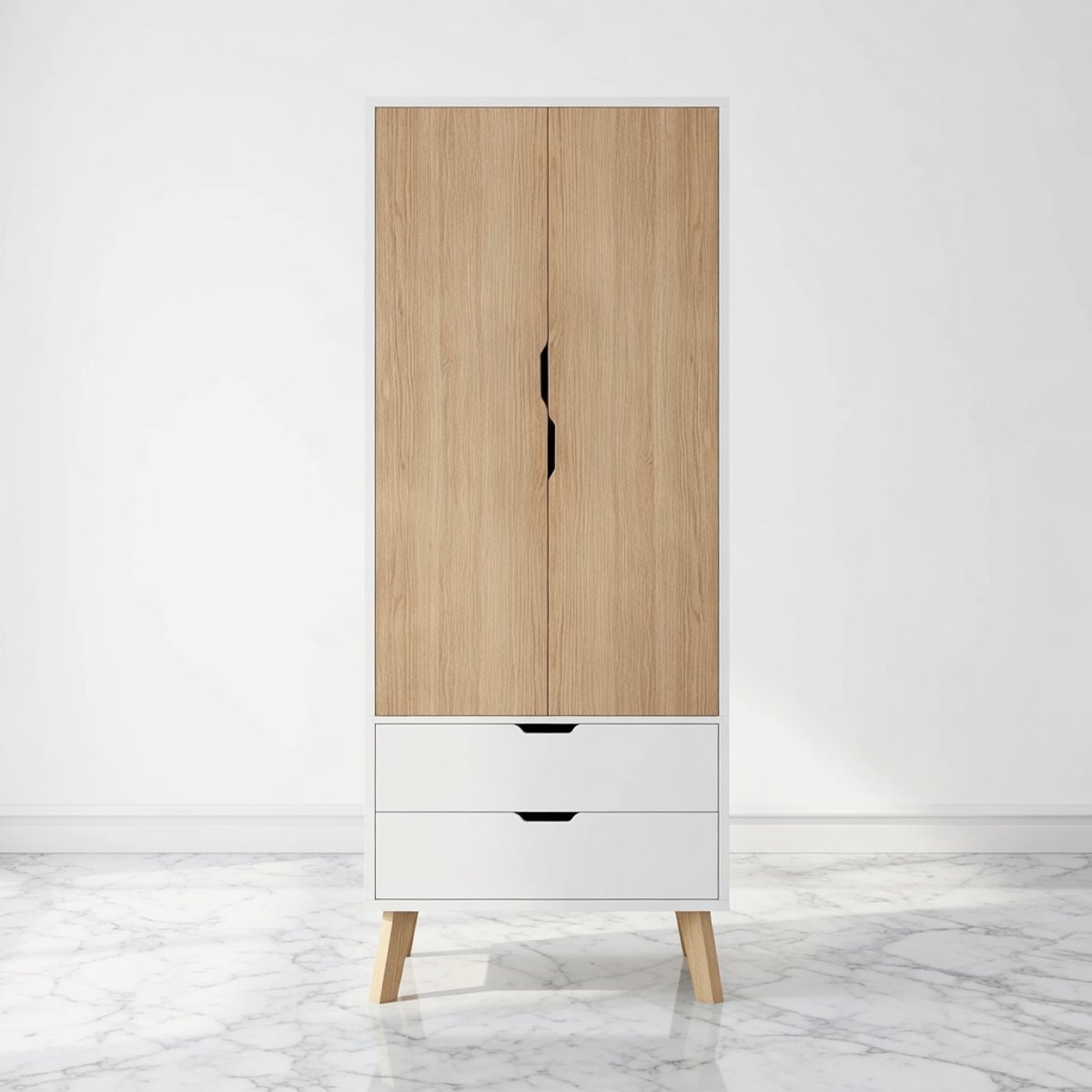 Moderne Kledingkast met Lades en Open Hanggedeelte – Ruimtebesparende Houten Garderobekast 198 cm – Wit & Beuken – voor Slaapkamer, Logeerkamer en Appartement – House&Garden