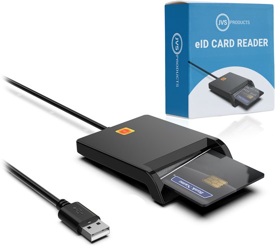 Zwarte kaartlezer met een bankkaart erin, naast een doos met 'eID CARD READER'. USB-A kabel zichtbaar. 
