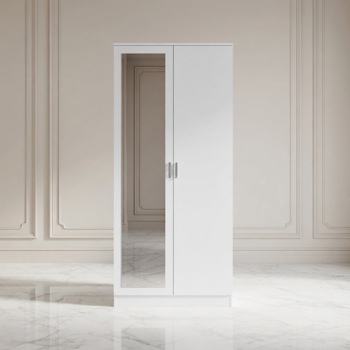 Moderne Hoogglans Witte Kledingkast met Spiegel en Softclose Deuren – Ruime Garderobekast voor Slaapkamer – House&Garden