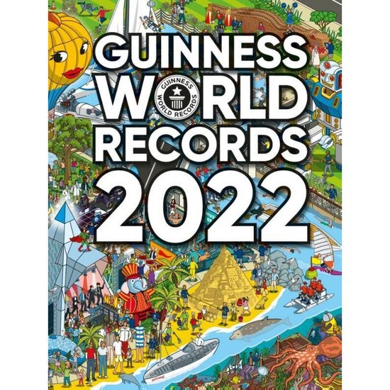 De cover van Guinness World Records 2022, met een levendige collage van afbeeldingen.