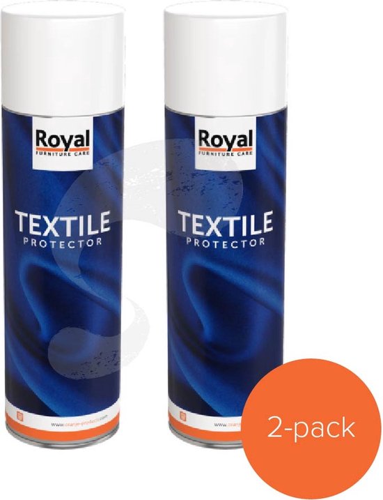 Twee spuitbussen Royal Textile Protector met blauw en oranje design. Oranje logo bovenaan.