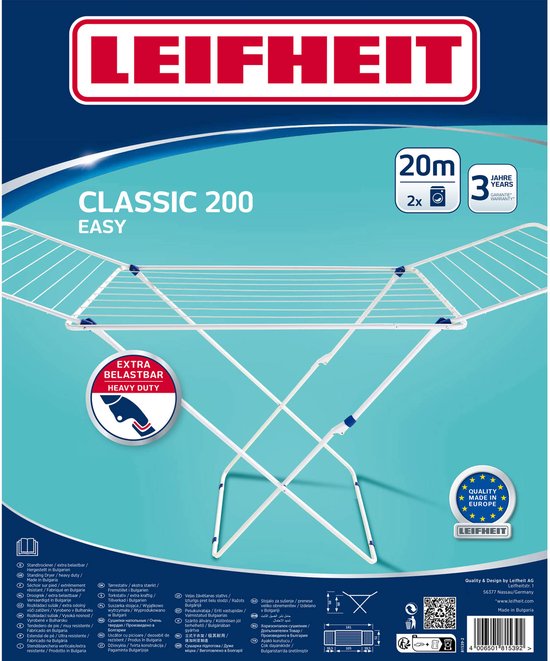 Wit Leifheit Classic 200 Easy droogrek met 20m drooglengte en 'Extra belastbaar - Heavy Duty' icoon. Kwaliteit uit Europa.