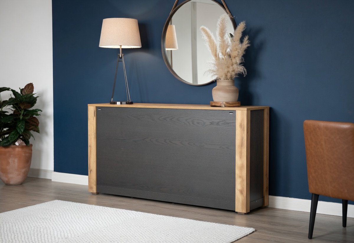 Estello Luxe Dressoir met Lade en 6 Vakken – Grote Opbergkast / Sideboard voor Woonkamer, Hal en Eetkamer – Antraciet met Eikenlook – 181 x 86 x 38 cm-NoviHome