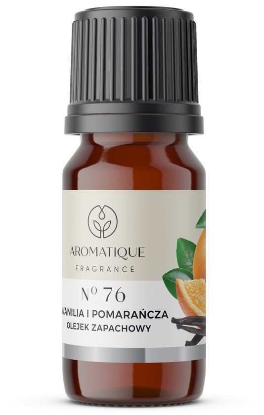 Amberkleurig flesje geurolie met een etiket met een sinaasappel, sinaasappelschijf en vanillestokjes. Tekst: Nº 76 WANILIA I POMARAŃCZA OLEJEK ZAPACHOWY.
