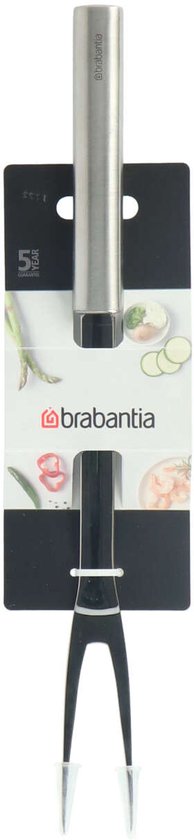 Fourchette à viande en inox sur emballage avec images de légumes.