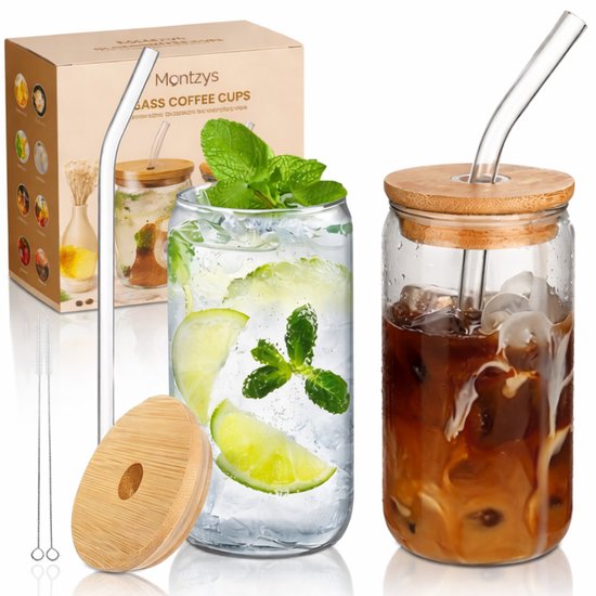 Montzys® Tasse à Café en Verres - 2 pièces - Tasse à boire 500 ml - Tasse à café - Glas à cocktail et à café glacé - Tasse à thé - Avec Pailles et Batteurs en Verres