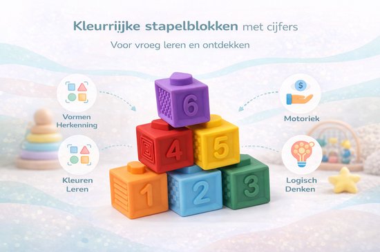 Kleurrijke stapelblokken met cijfers: 1, 2, 3, 4, 5, 6 in rood, oranje, geel, groen, blauw en paars.