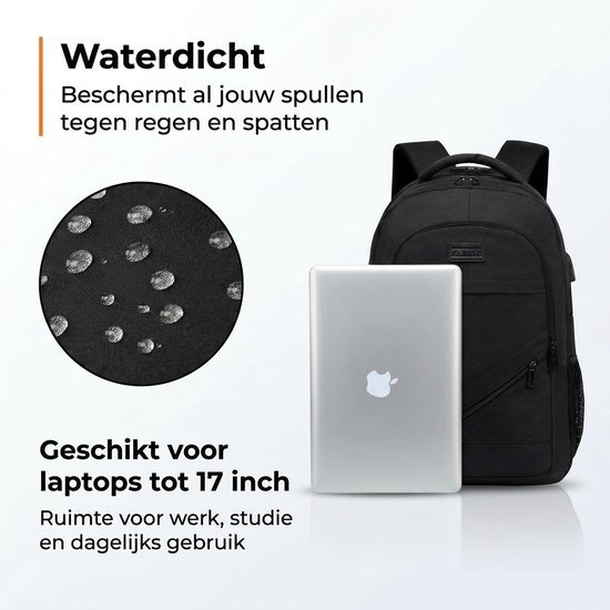 Sac à dos étanche antivol avec station de charge USB - Sac pour ordinateur portable jusqu'à 17 pouces - pour femme et homme - Zwart de Zedar
