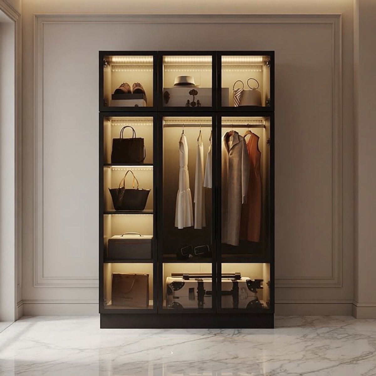 Elegance Glazen Kledingkast met LED-verlichting – 6 Deuren, 8 Planken, Zwart, 120x48x190 cm – Luxe Vitrine met Kledingstang en Opbergruimte van Gehard Glas House&Garden