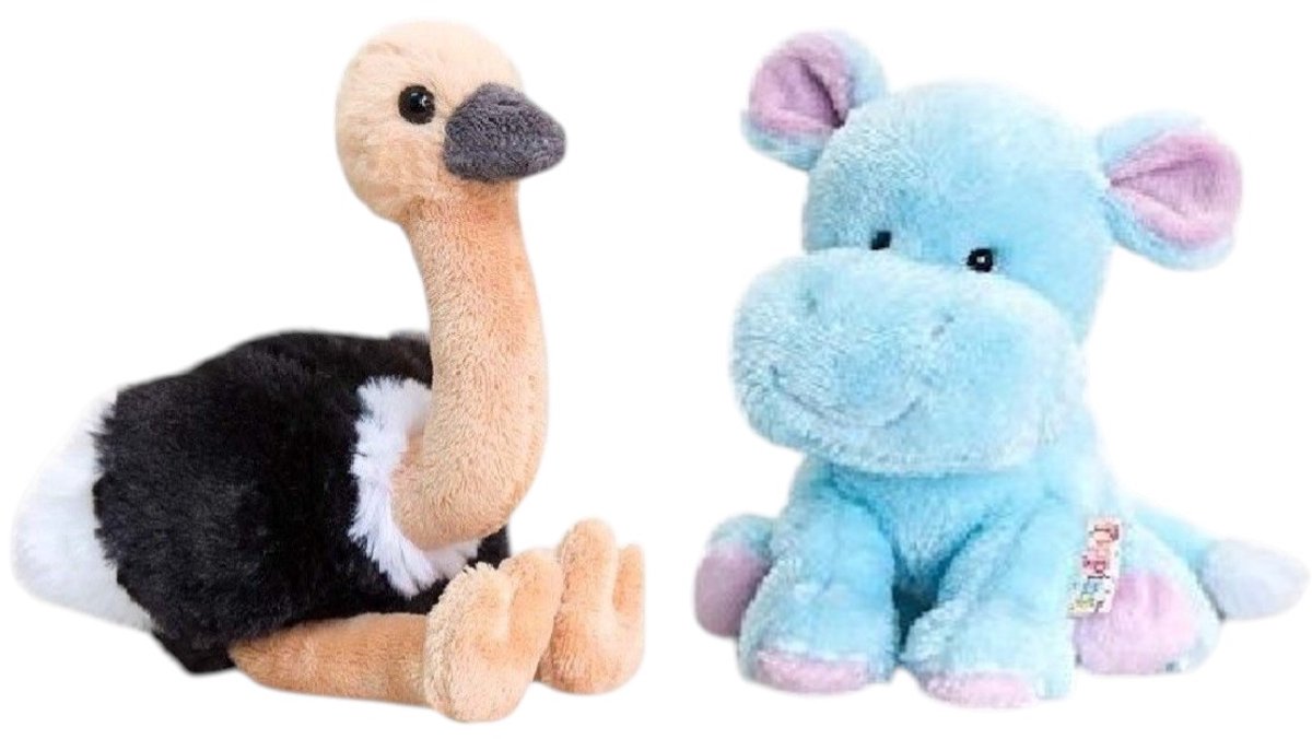 Keel Toys - 2 Knuffels - Pippins - Nijlpaard - Struisvogel - 14 cm