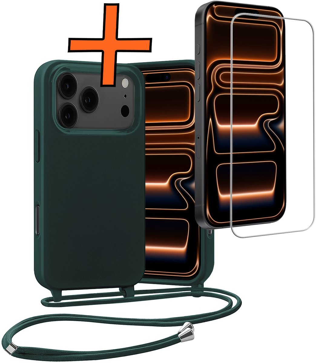 Hoesje Geschikt voor iPhone 17 Pro Max Hoes Met Telefoonketting Met Screenprotector - Backcover Geschikt voor iPhone 17 Pro Max Case Met Koord - Donkergroen