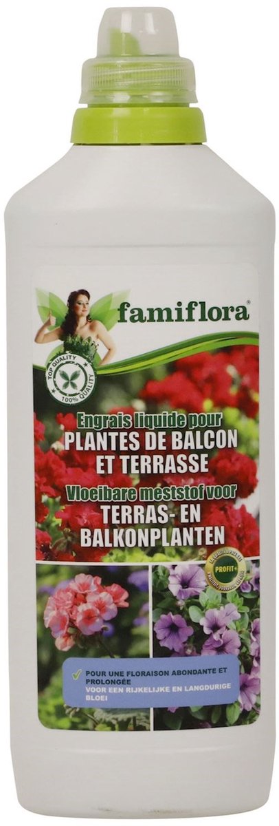 Famiflora vloeibare meststof voor terras- en balkonplanten - 1 L - Rijkelijke en langdurige bloei voor balkon en terras - Stimuleert sterke wortels en gezonde groei bij alle planten