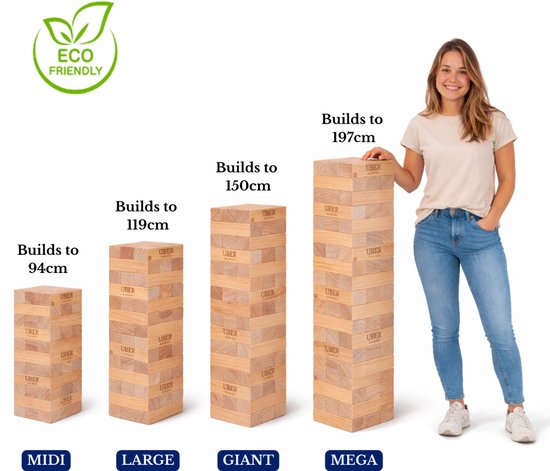 Vrouw met spijkerbroek staat naast 5 verschillende maten stapeltorens, van Midi tot Mega. 'UBER GAMES'.