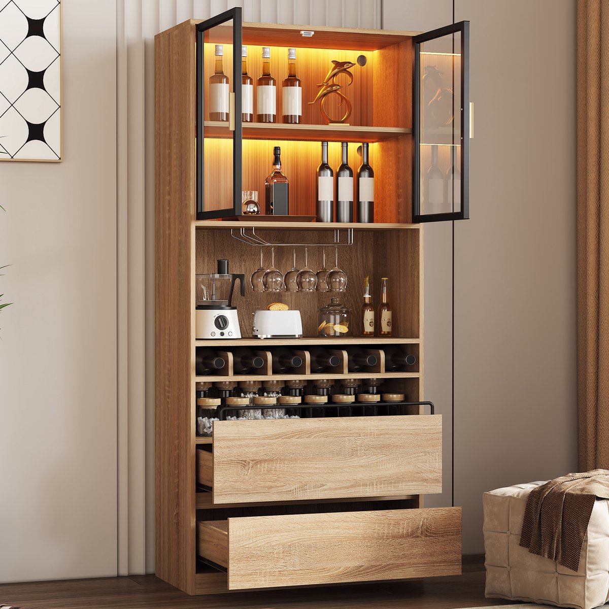 MODFU Opbergkast Met Glazen Deuren En Ledverlichting - Open Vakken En Laden - Modern - MDF - Naturel