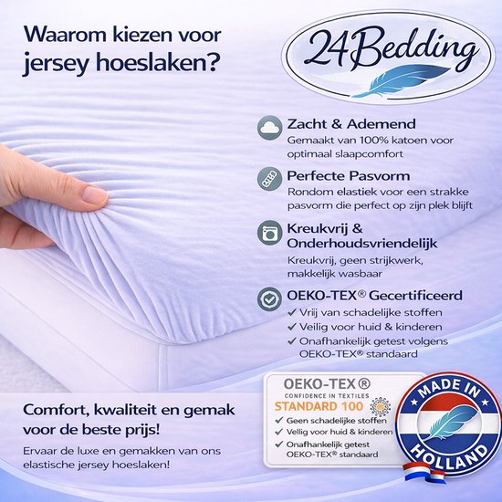 Hand toont de elasticiteit van een lila jersey hoeslaken. Tekst: 'Zacht & Ademend', 'Perfecte Pasvorm', 'Kreukvrij & Onderhoudsvriendelijk', 'OEKO-TEX® Gecertificeerd'.