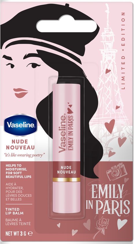 Verpakking van de Vaseline x Emily in Paris Nude Nouveau getinte lipbalm, met een gestileerde Parijse vrouw en Eiffeltoren.