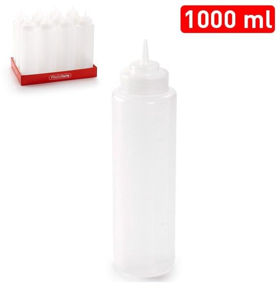 Plasticforte Doseerfles/sausfles - 4x stuks - kunststof - transparant - met schenktuit - 1000 ml - 22 cm