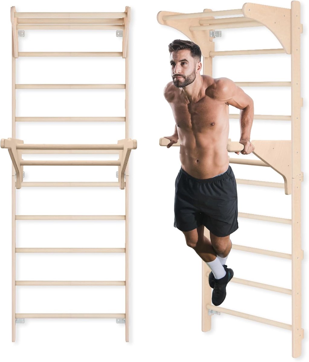 Gymnastiek Ladder - Trainingsstation Klimrek - Krachttraining Thuis - Inclusief Dip-bars Handgreep - Wandmontage - Natuurlijk Hout