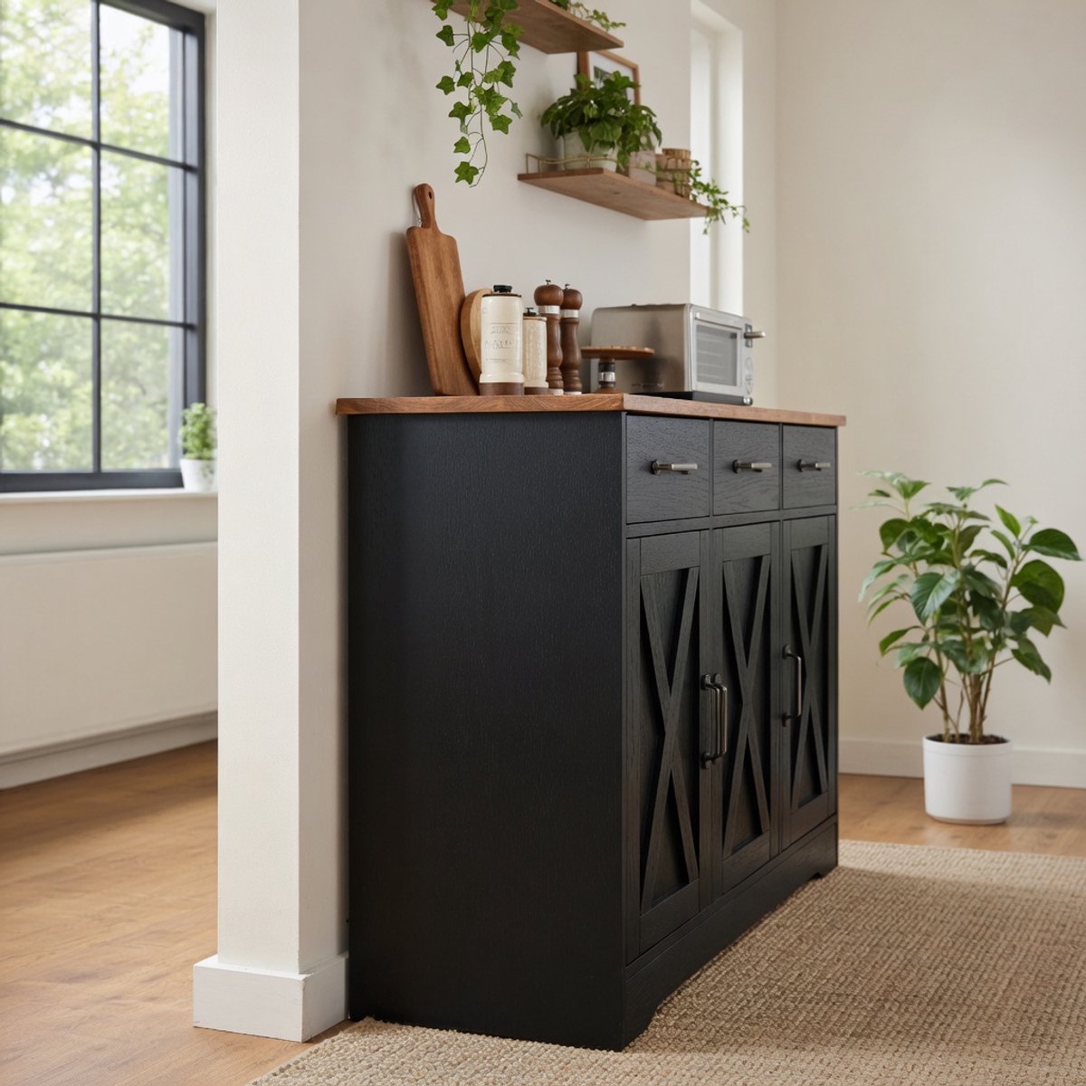 Modern Keukendressoir met 3 Laden en 3 Deuren – Grote Opbergkast met Werkblad – Dressoir / Buffetkast voor Keuken, Woonkamer en Eetkamer – Industrieel Design Zwart/Bruin – Novihome