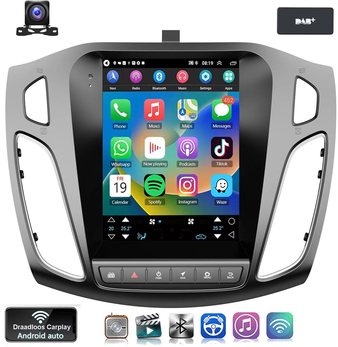 ESSGOO Android 15 Autoradio geschikt voor Ford Focus MK3 2012-2018 - 9,7 Inch touchscreen Radio - Draadloos Apple CarPlay & Android Auto - 4GB + 64GB - Navigatiesysteem - Bluetooth & Wifi - Achteruitrijcamera - DAB+