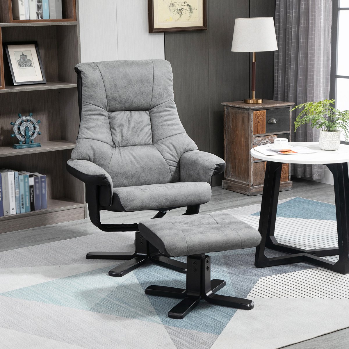 REDOM - Relaxfauteuil Met Voetenbank - 360° Draaibaar En Verstelbare Rugleuning - Ergonomisch - Microvezel - Grijs - 78 x 82,5 x 109 cm