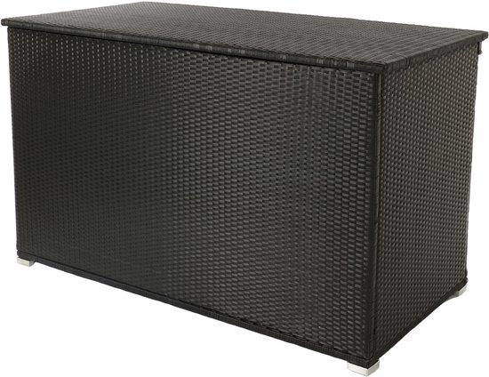 Zwarte XL kussenbox met deksel gesloten, wicker-look, 850 liter inhoud.