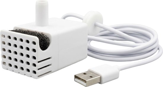 Pompe à eau USB blanche avec filtre éponge noir et connexion USB, adaptée aux fontaines à boire.