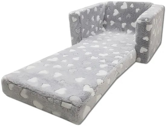 Kindvriendelijke opvouwbare pluchen kinderstoel met zitting en ligfunctie - comfortabel kids relaxfauteuil, grijze harten van Merkloos — afbeelding 2