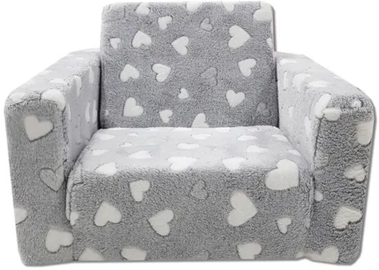 Kindvriendelijke opvouwbare pluchen kinderstoel met zitting en ligfunctie - comfortabel kids relaxfauteuil, grijze harten van Merkloos — afbeelding 4