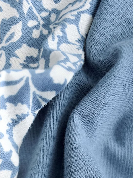 Detail van blauwe stof naast stof met blauwe bloemenprint.