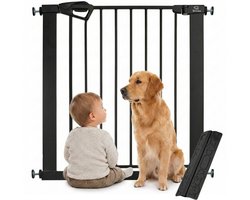 BRONEA® Traphek zonder boren – BALU MAT ZWART Deur- & traphekje 75-82 cm te verbreden tot 165 cm, Auto-Close & Safety-Lock Rood/Groen, incl. Anti-struikelramp, Deurhekje Veiligheidshekje Klemhekje