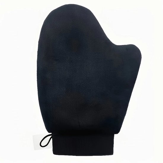 Zwarte tanning mitt met een lusje aan de zijkant en een elastische band aan de onderkant.