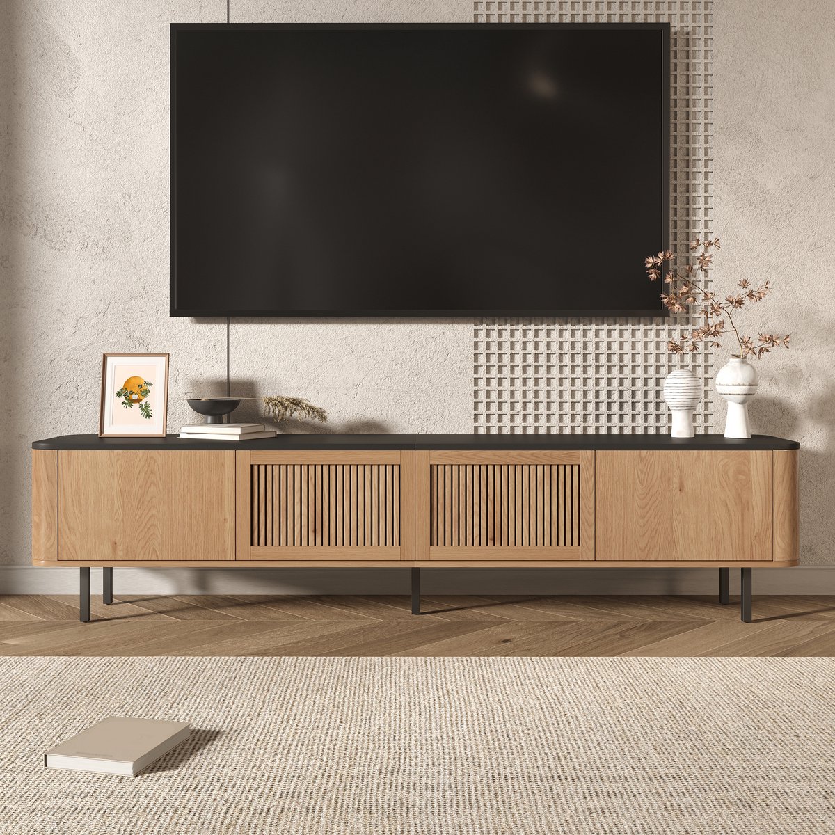 Wishdor - TV-Meubel - Roosterdeuren En Opbergruimte - Minimalistisch - Woonkamer - MDF En Spaanplaat - Eikenkleur - 190 X 35 X 45 Cm