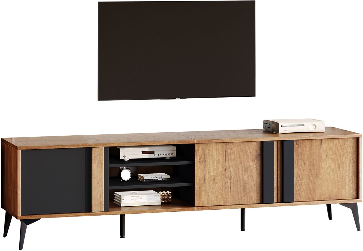 Wishdor Tv-Meubel - 3 Deuren En 4 Open Vakken - Rustieke Stijl - Voor Woonkamer - Spaanplaat En Metaal - Bruin En Zwart - 180 X 40 X 50 Cm Bruin + Zwart