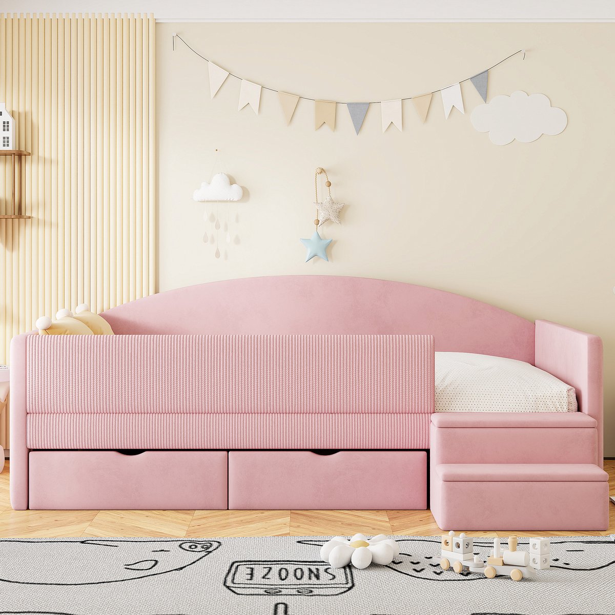 Wishdor Gestoffeerd kinderbed met 2 laden – 90 x 190 cm – Roze fluweel – Met treden en antislip – Veiligheidshek – Voor meisjeskamer – Zacht en veilig